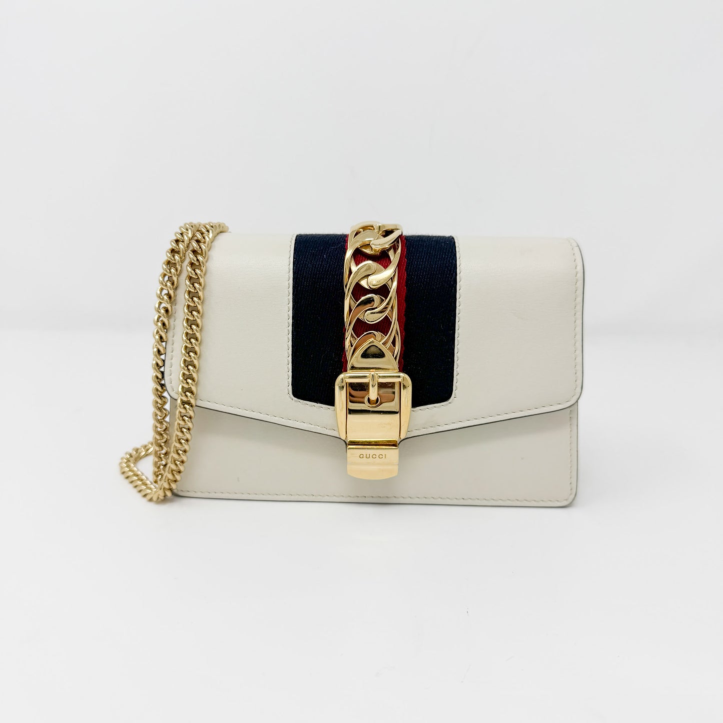 Gucci Cream Leather Web Mini Sylvie Chain Bag
