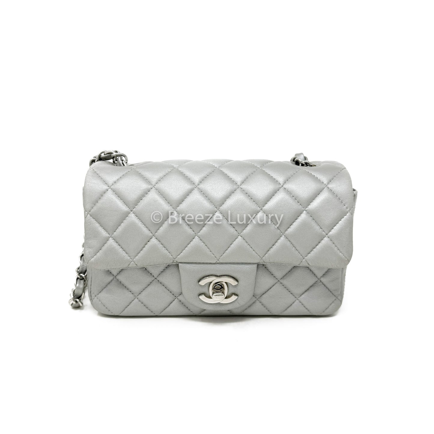 Chanel Silver Lambskin Mini Rectangular Flap
