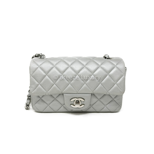 Chanel Silver Lambskin Mini Rectangular Flap