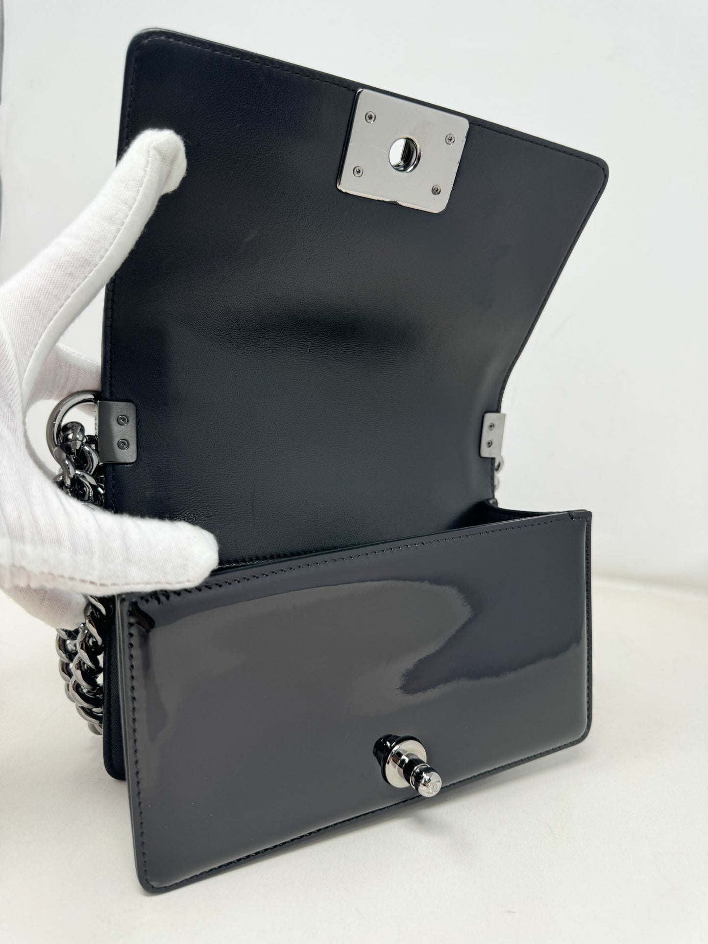 Chanel Small Black Patent Boy Bag