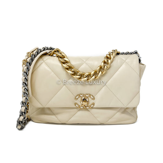 Chanel Lambskin Quilted Large Chanel 19 Flap Beige