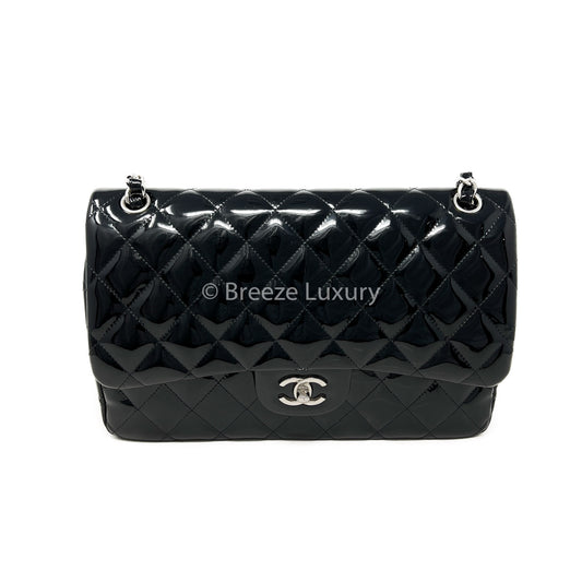 Chanel Black Patent Quilted Jumbo Double Flap