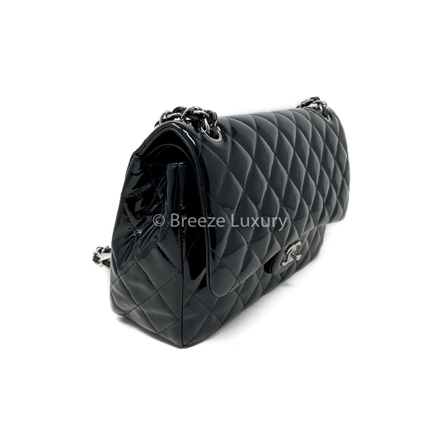 Chanel Black Patent Quilted Jumbo Double Flap