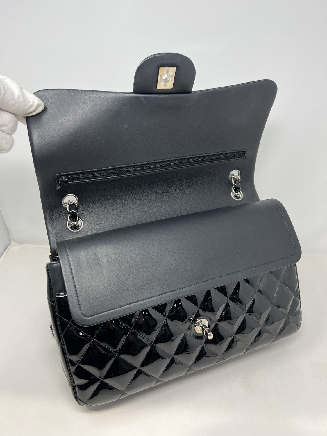 Chanel Black Patent Quilted Jumbo Double Flap