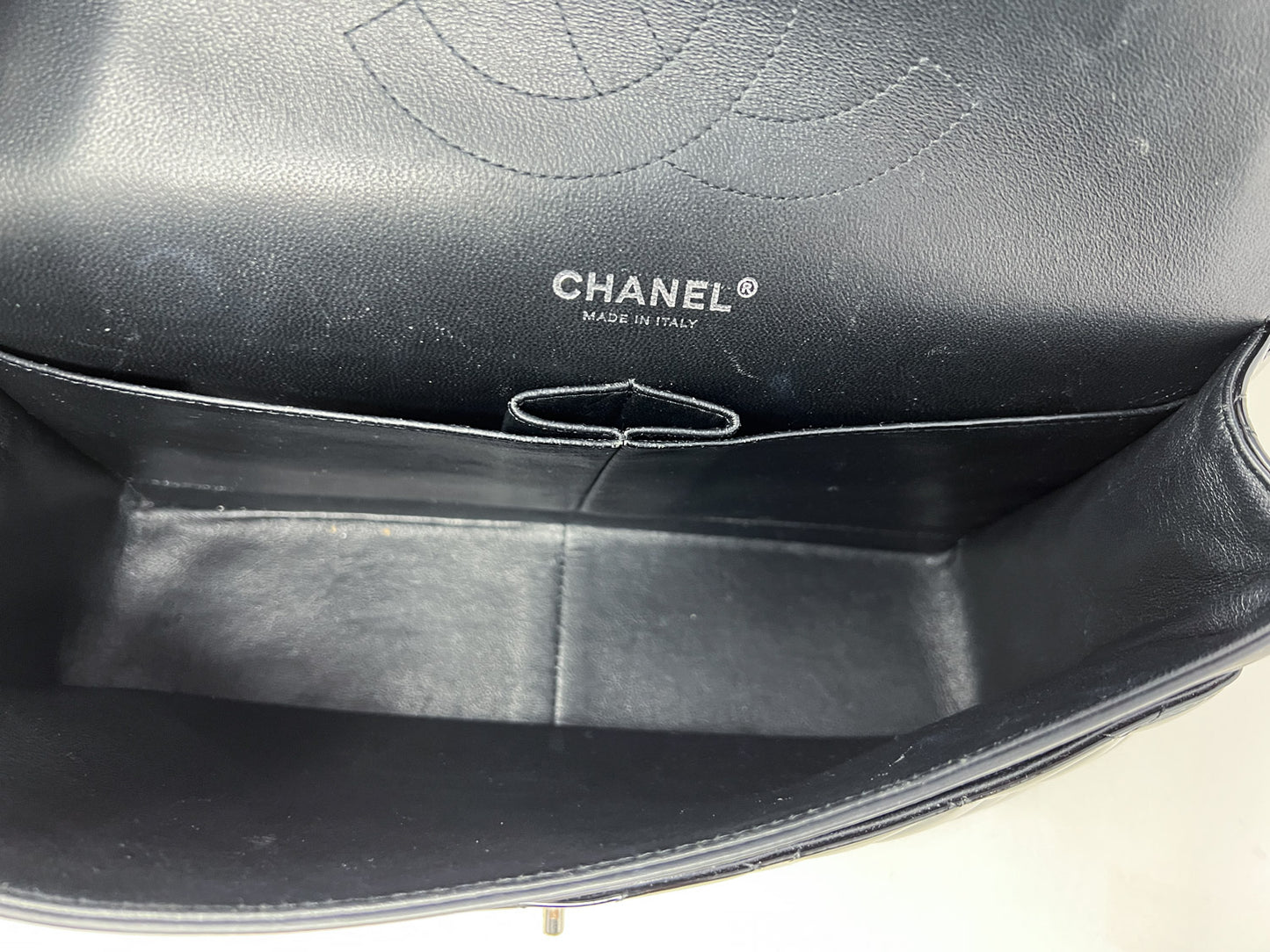 Chanel Black Patent Quilted Jumbo Double Flap