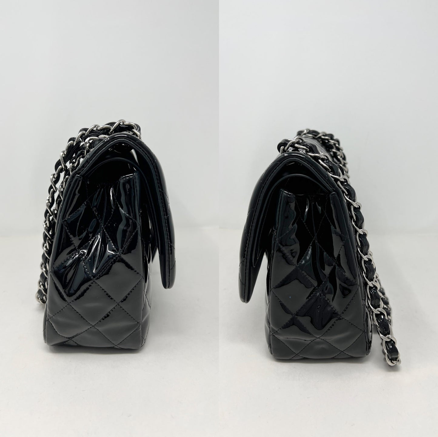 Chanel Black Patent Quilted Jumbo Double Flap