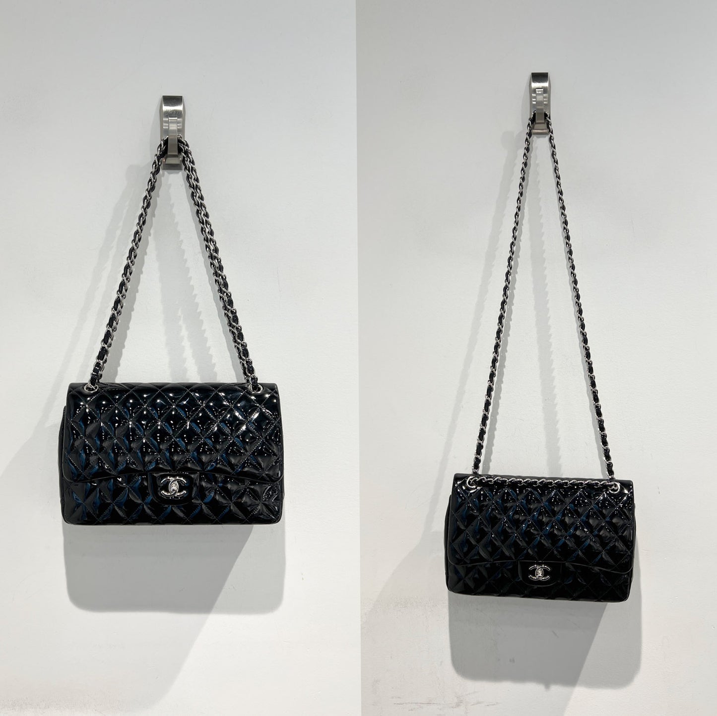 Chanel Black Patent Quilted Jumbo Double Flap