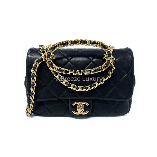 Chanel Lambskin Logo Mini Flap With Handle Black