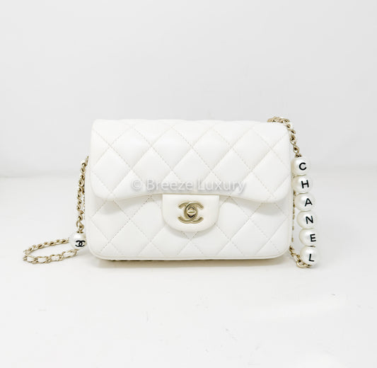 Chanel White Logo Pearl Chain Flap Bag