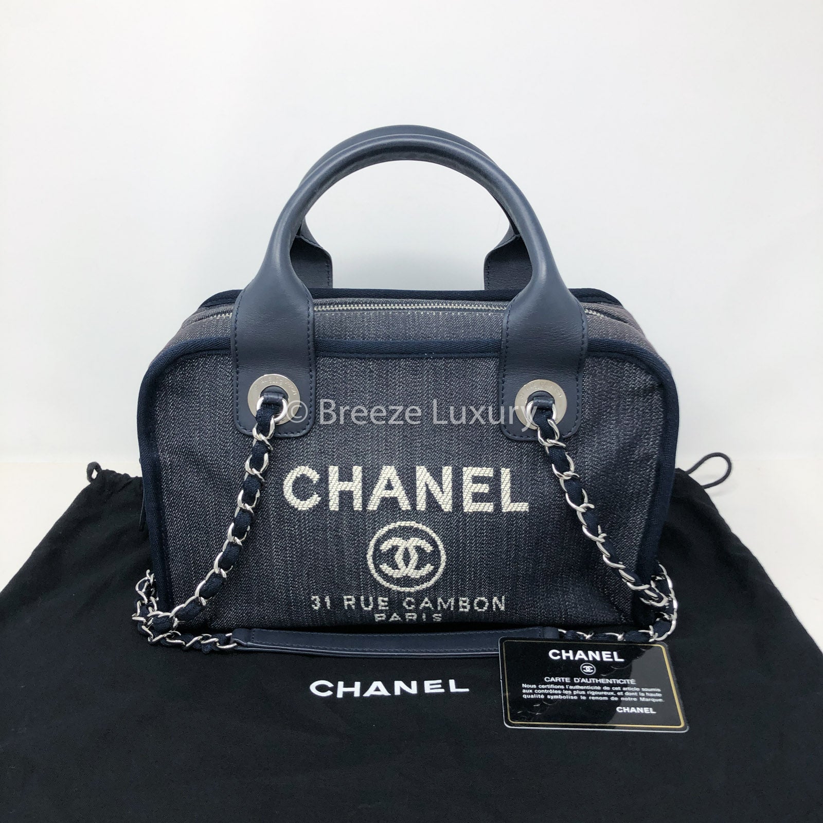 Guarantee Authentic Chanel Blue Denim and Leather Deauville Bowling Ch –