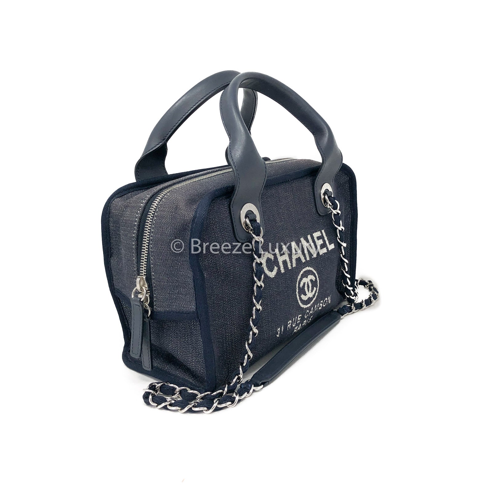 CHANEL Denim Deauville Bowling Bag Blue 693422