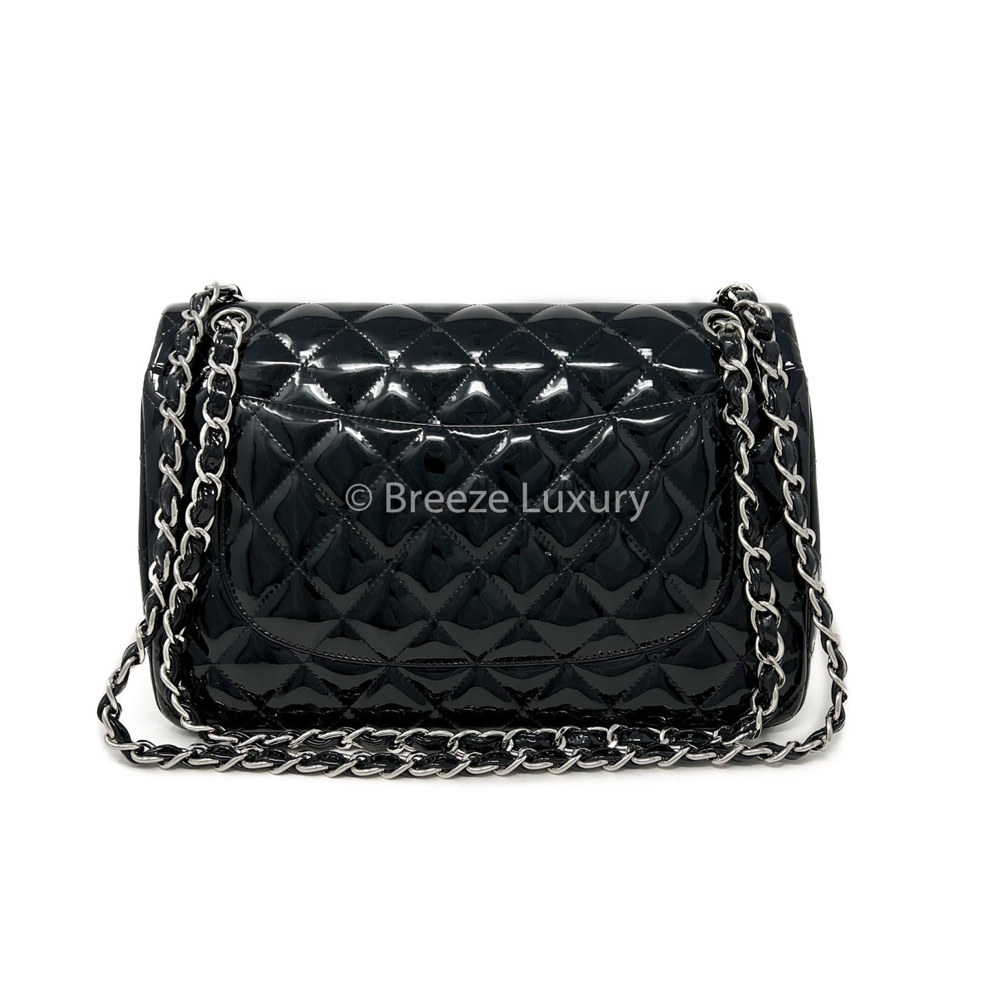 Chanel Black Patent Quilted Jumbo Double Flap